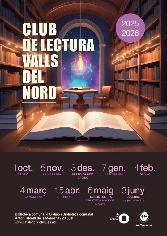 Cartel del Club de Lectura de les Valls del Nord 2025-2026 en una biblioteca