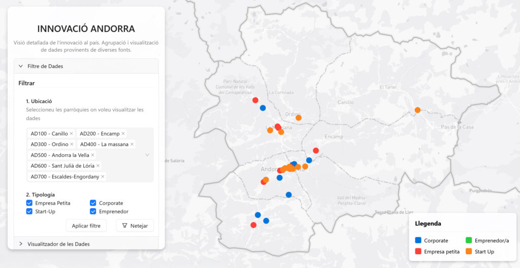 Mapa interactivo de empresas innovadoras en Andorra con clasificación por ubicación y tipo.