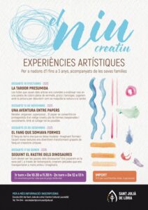 Cartel del taller artístico sobre dinosaurios para familias en Sant Julià de Lòria.