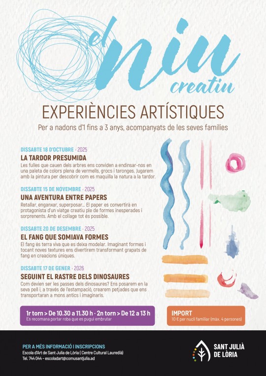 Cartel del taller artístico sobre dinosaurios para familias en Sant Julià de Lòria.