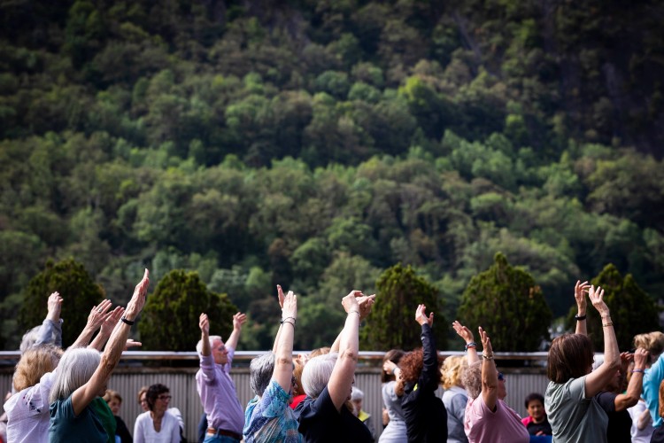 Grupo de mujeres participando en una sesión de yoga al aire libre