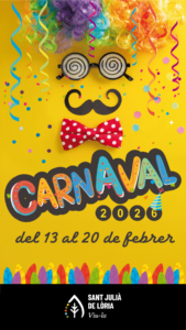Cartel del carnaval escolar en Sant Julià de Lòria con colores vibrantes.