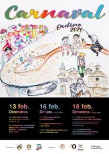 Cartel del Carnaval de Ordino 2026 con actividades y personajes festivos