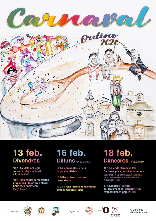 Cartel del Carnaval de Ordino 2026 con actividades y personajes festivos