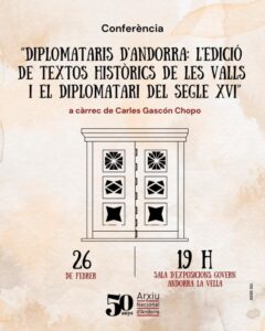 Cartel de la conferencia sobre los Diplomataris de Andorra y su historia