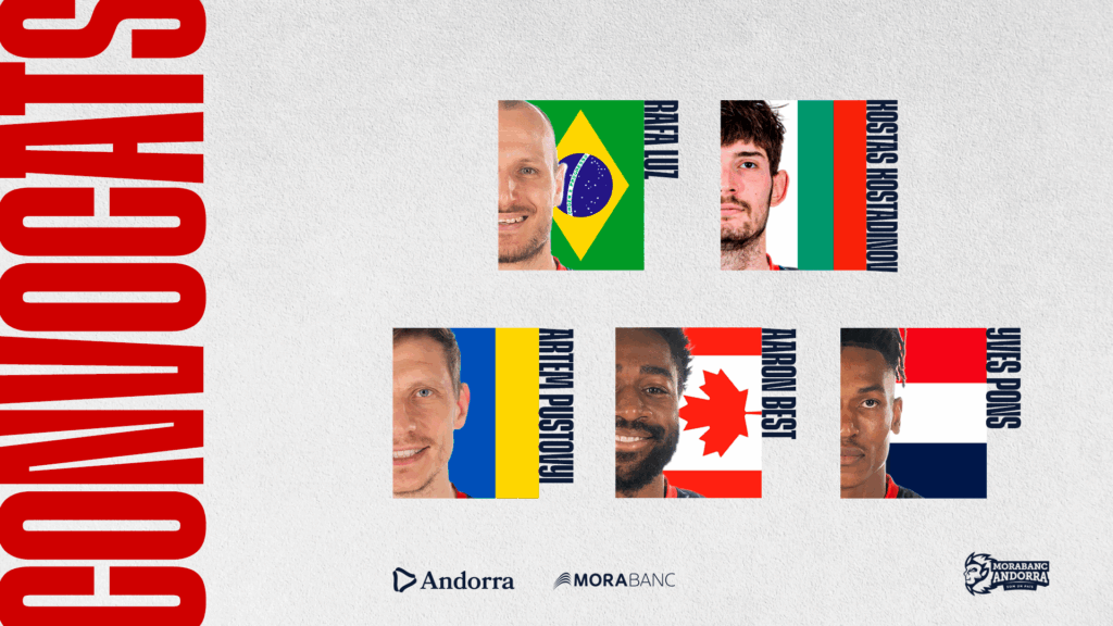 Jugadores del MoraBanc Andorra con banderas de sus selecciones en ventanas FIBA