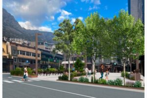 Vista de la remodelación de la plaza Bartomeu Rebés Duran con áreas verdes y peatones.