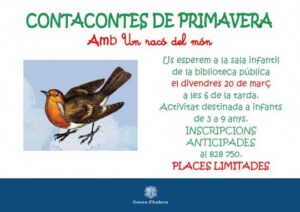 Cartel del contacontes de primavera en Andorra la Vella con un pájaro