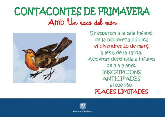 Cartel del contacontes de primavera en Andorra la Vella con un pájaro