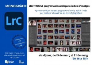 Cartel del curso de Lightroom en Andorra la Vella con detalles de inscripción.