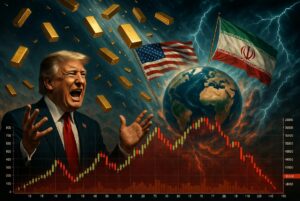 Ilustración de Trump con oro y banderas de Estados Unidos e Irán