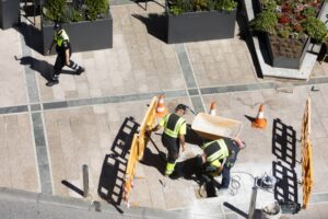 Trabajadores realizando renovación de aceras en Andorra la Vella