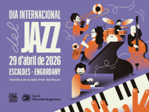 Cartel del Día Internacional del Jazz en Escaldes-Engordany con músicos tocando