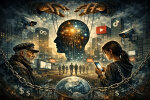 Ilustración sobre el control digital y la influencia tecnológica en la sociedad.