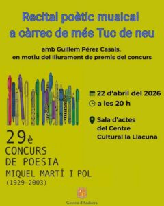 Cartel del recital poético musical en Andorra la Vella con Guillem Pérez Casals