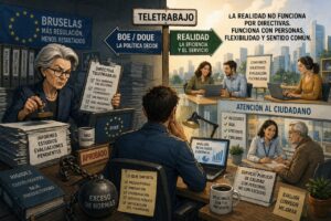 Ilustración sobre teletrabajo y su impacto en la productividad y servicios públicos