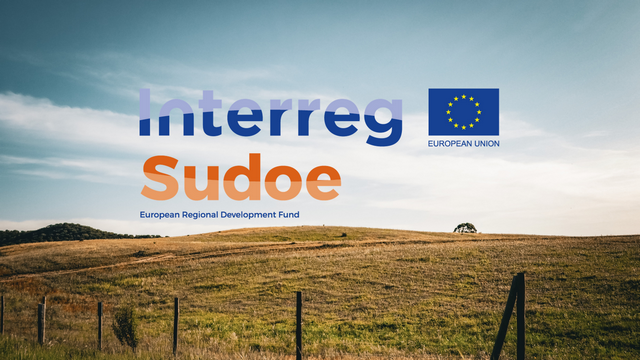 Imagen del programa Interreg-Sudoe con paisaje rural y logotipos