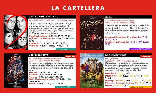 Cartelera de películas en los Cinemes Illa Carlemany de Escaldes-Engordany