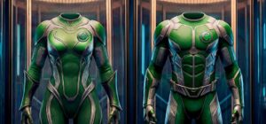 Traje verde futurista para un personaje de cómic en exhibición
