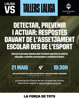 Cartel del taller sobre prevención del acoso escolar mediante el deporte en Encamp.