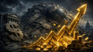 Gráfico de crecimiento del oro y dinero en un fondo oscuro