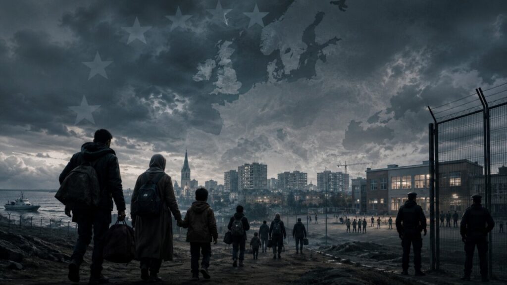 Grupo de personas caminando hacia una ciudad con nubes oscuras