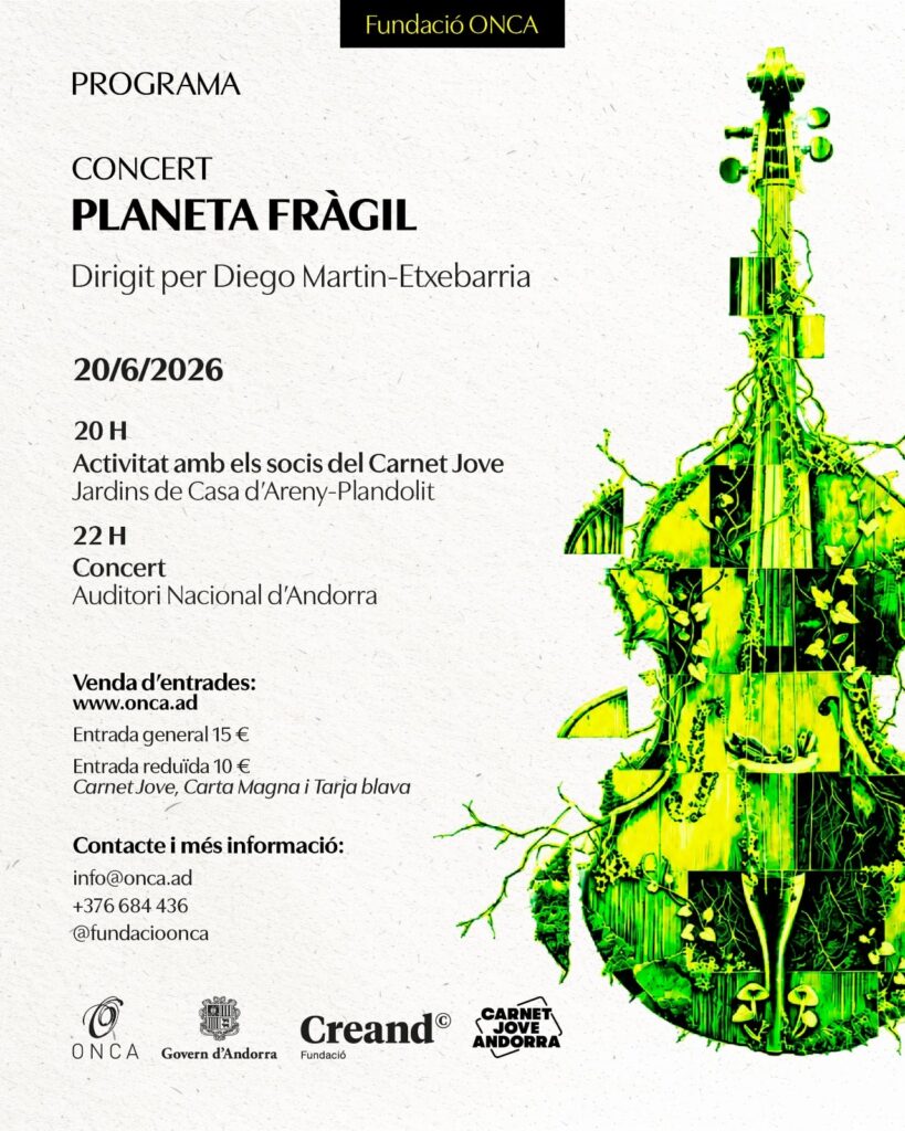 Cartel del concierto Planeta fràgil de la ONCA con un violonchelo y elementos naturales.