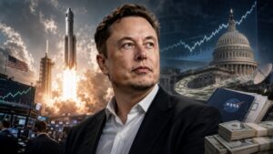 Elon Musk frente a un cohete SpaceX y gráficos financieros