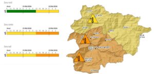 Mapa de Andorra mostrando la prealerta por altas temperaturas en el centro y sur
