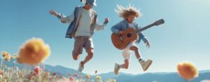 Niños saltando en un campo con flores mientras tocan la guitarra