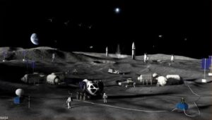 Representación artística de una base lunar con astronautas y vehículos.