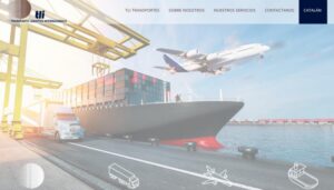 Imagen de transporte internacional con camiones, barco y avión en un puerto