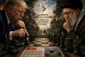 Trump y líder iraní jugando ajedrez en un escenario de guerra