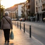 Una anciana camina por la acera en Escaldes-Engordany al atardecer