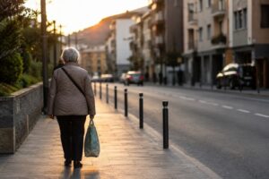 Una anciana camina por la acera en Escaldes-Engordany al atardecer