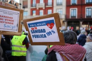 Manifestantes sosteniendo carteles por la sanidad pública en Castilla y León