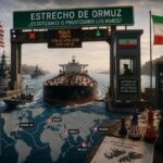 Imagen del Estrecho de Ormuz con barcos y señalización sobre tarifas