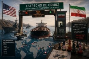 Imagen del Estrecho de Ormuz con barcos y señalización sobre tarifas