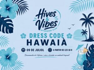 Cartel de fiesta hawaiana en Hive & Vibes con detalles tropicales