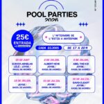 Cartel promocional de las Pool Parties en AnyósPark con detalles del evento.