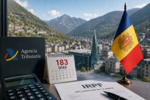 Vista de Andorra con documentos fiscales y bandera del país