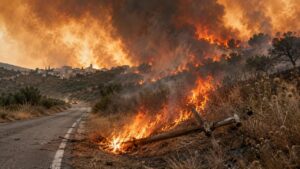 Incendio forestal en Los Gallardos, España, con llamas y humo en el cielo.