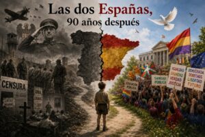 Ilustración que representa las dos Españas, con un niño en el centro.