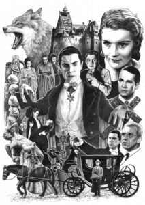 Collage de personajes y escenas de la película Drácula de los años 30