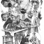 Ilustración de la película Frankenstein de 1931 con personajes icónicos.