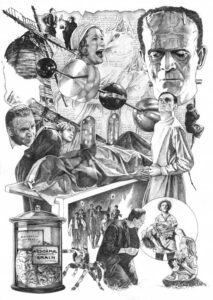 Ilustración de la película Frankenstein de 1931 con personajes icónicos.