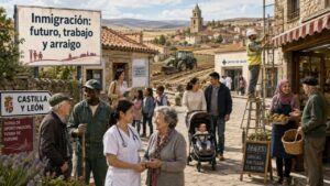 Grupo diverso de personas en un pueblo de Castilla y León interactuando