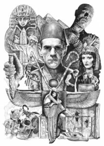 Ilustración de la película La momia con personajes y elementos icónicos del cine clásico
