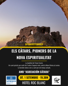 Cartel de la charla sobre los cátaros y la nueva espiritualidad en Escaldes-Engordany