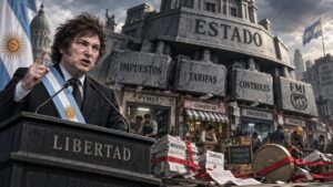 Javier Milei hablando sobre economía frente a un edificio con carteles de impuestos y tarifas